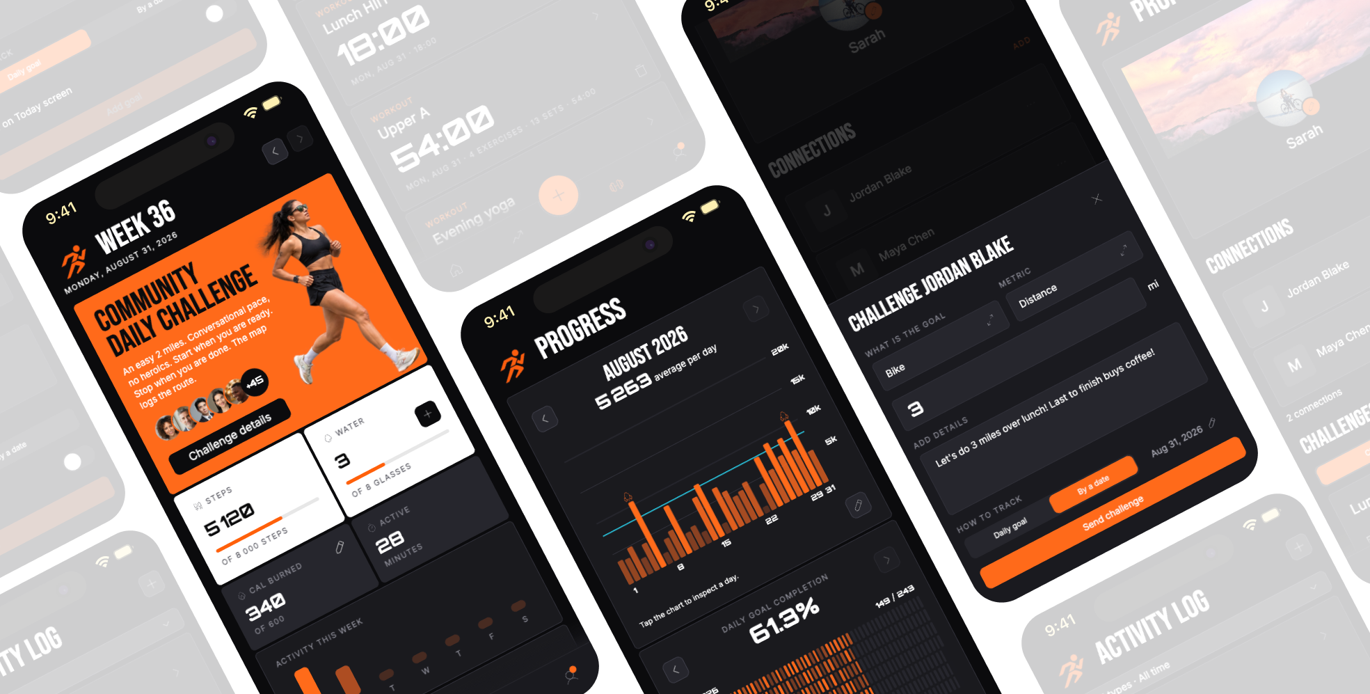 Blaze fitness app screens, one product across Today, Progress, Activity Log and Profile