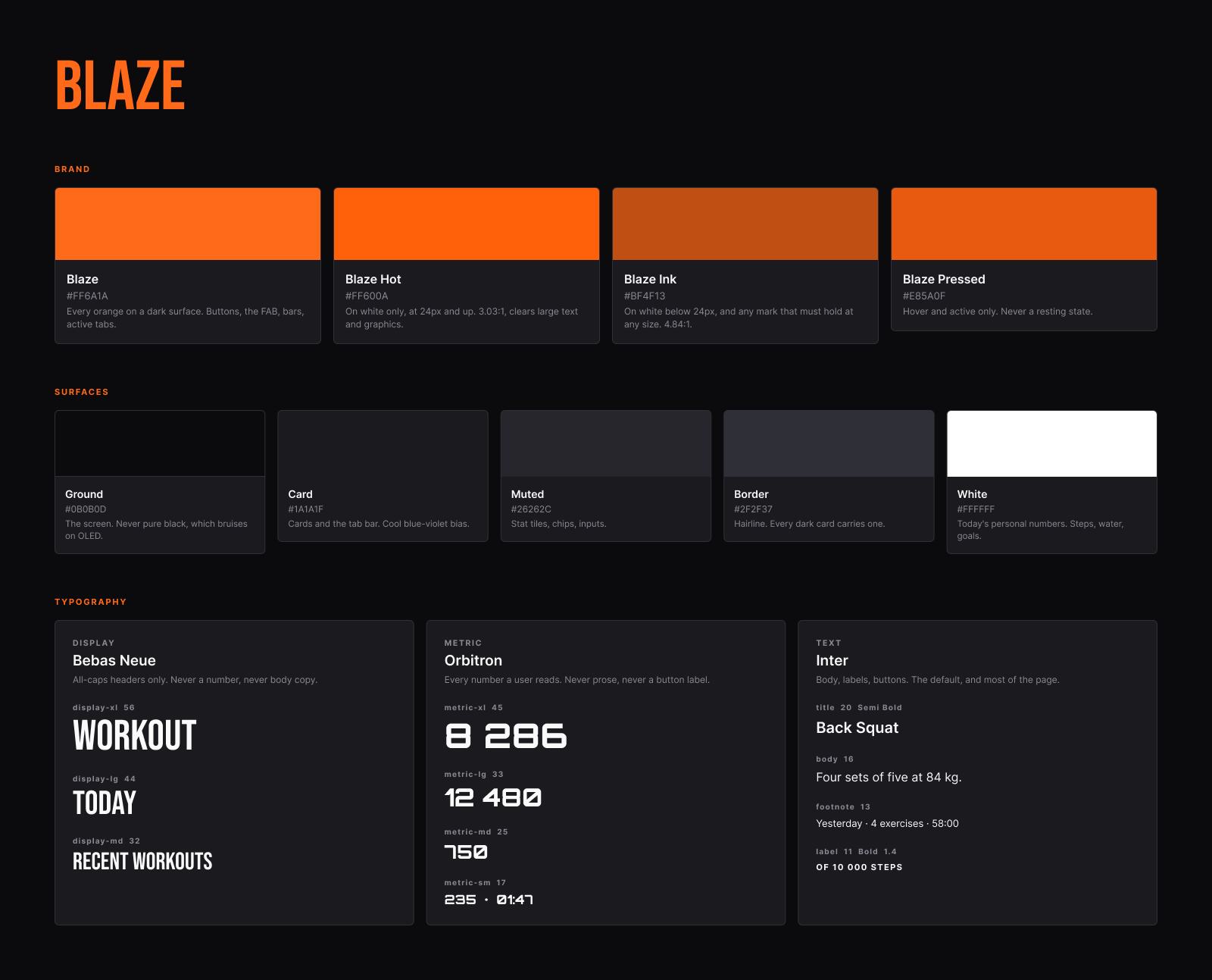 Blaze design system foundations: brand oranges, surface ladder and typefaces