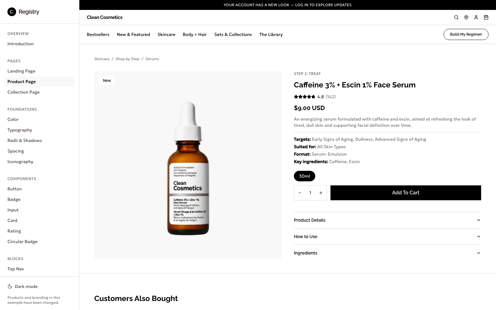 Clean Cosmetics product page replica built from registry components