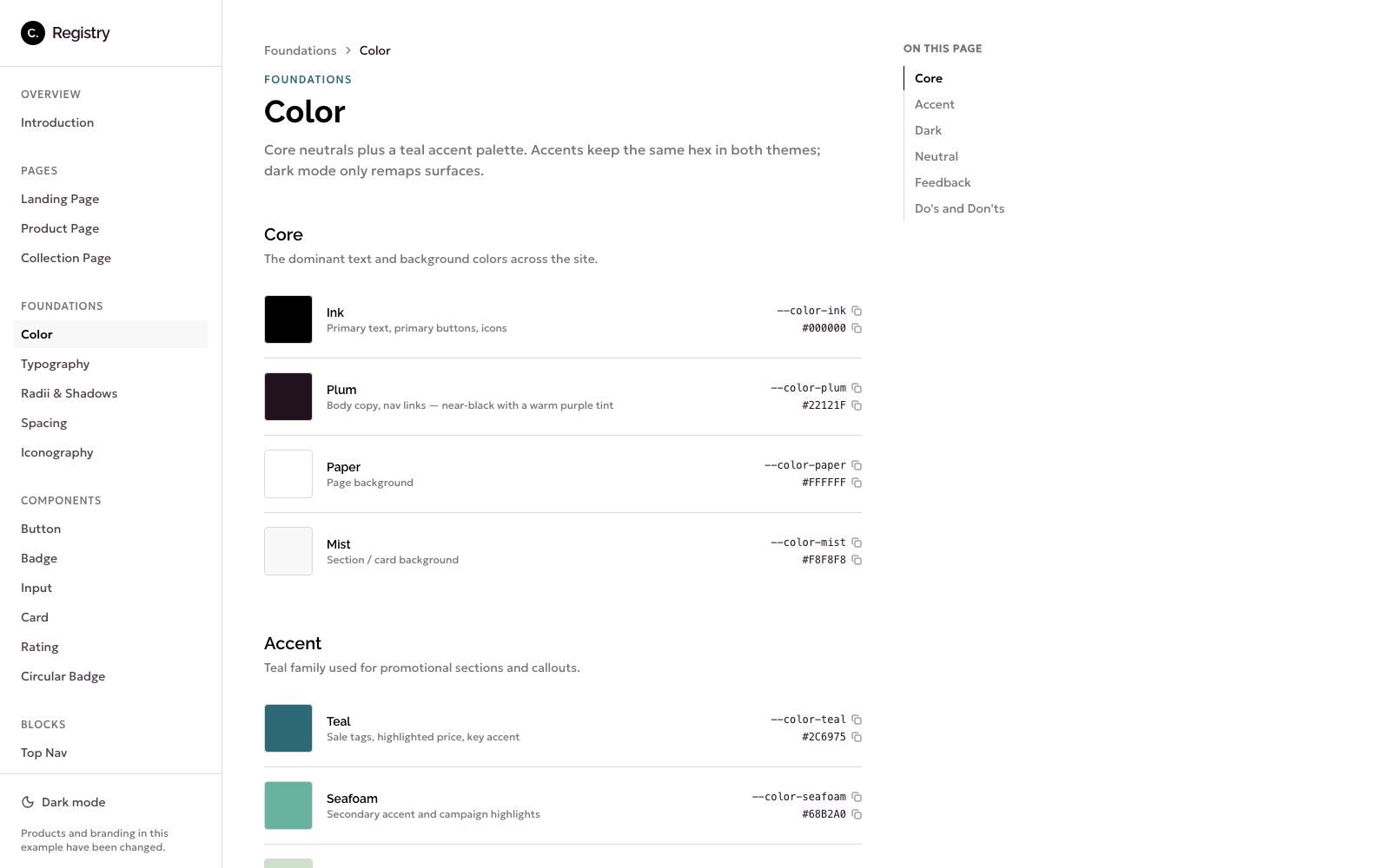 Clean Cosmetics color foundations with semantic tokens and hex values