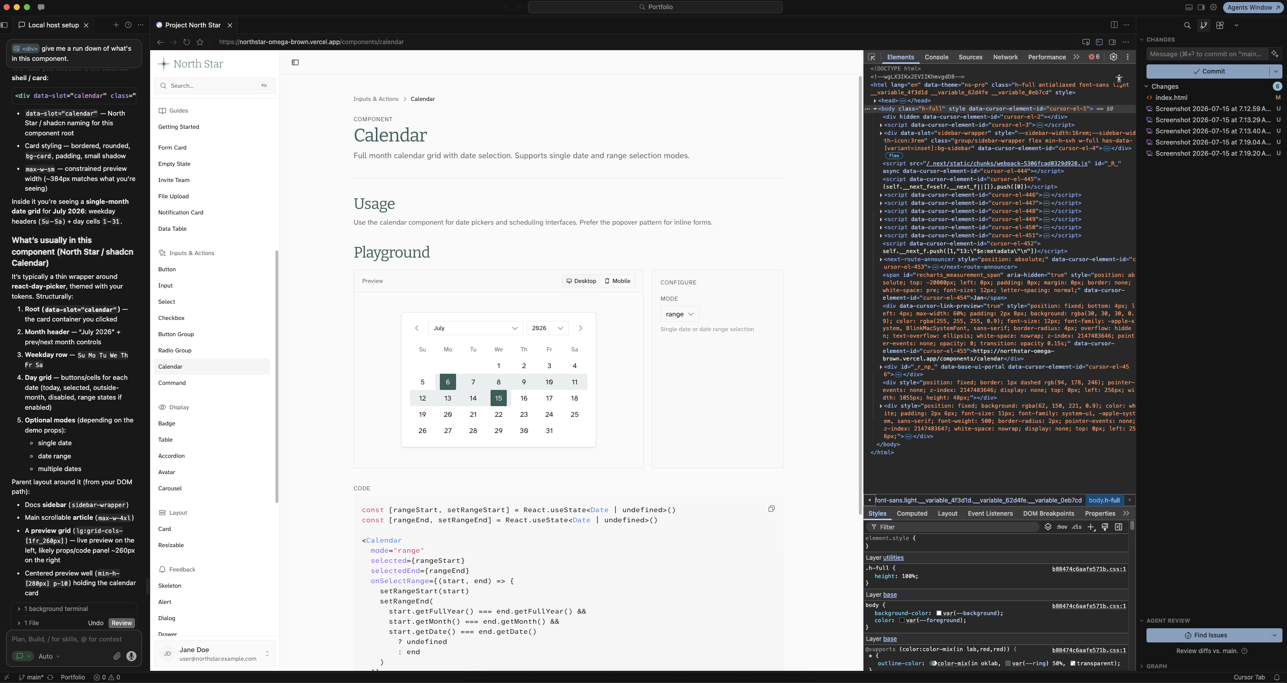 Calendar component docs and playground inside Cursor