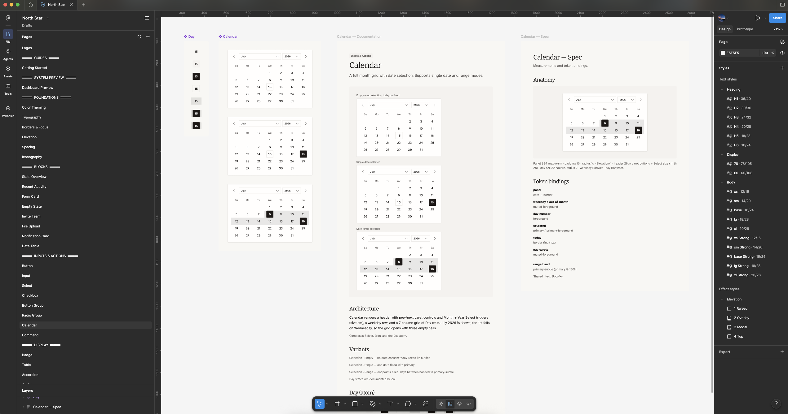 Calendar component in the North Star Figma library